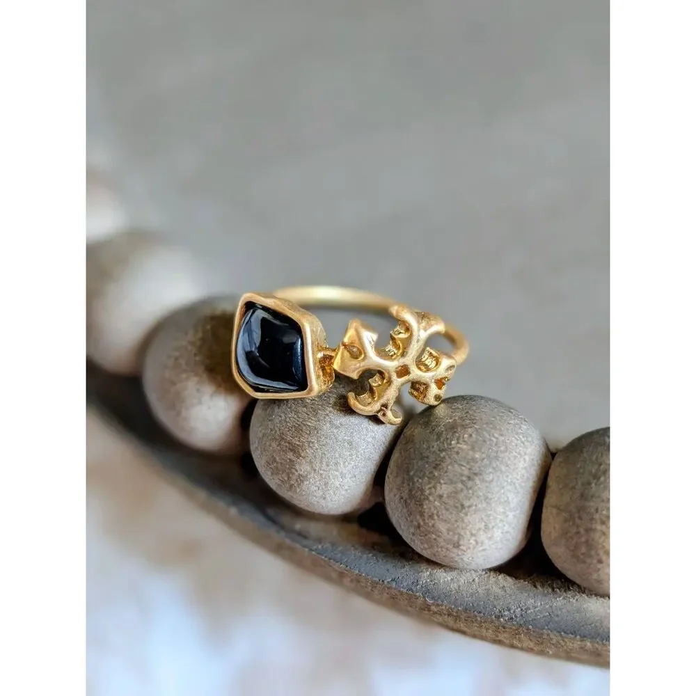 TORY BURCH Roxanne Delicate Ring Black Stone Double T Logo Size 8